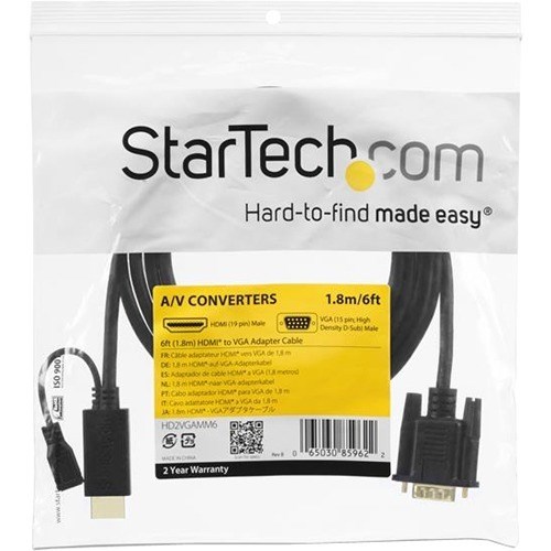 StarTech.com HDMI to VGA Cable - 6 ft / 2m - 1080p - 1920 x 1200 - Active HDMI Cable - Monitor Cable - Computer Cable