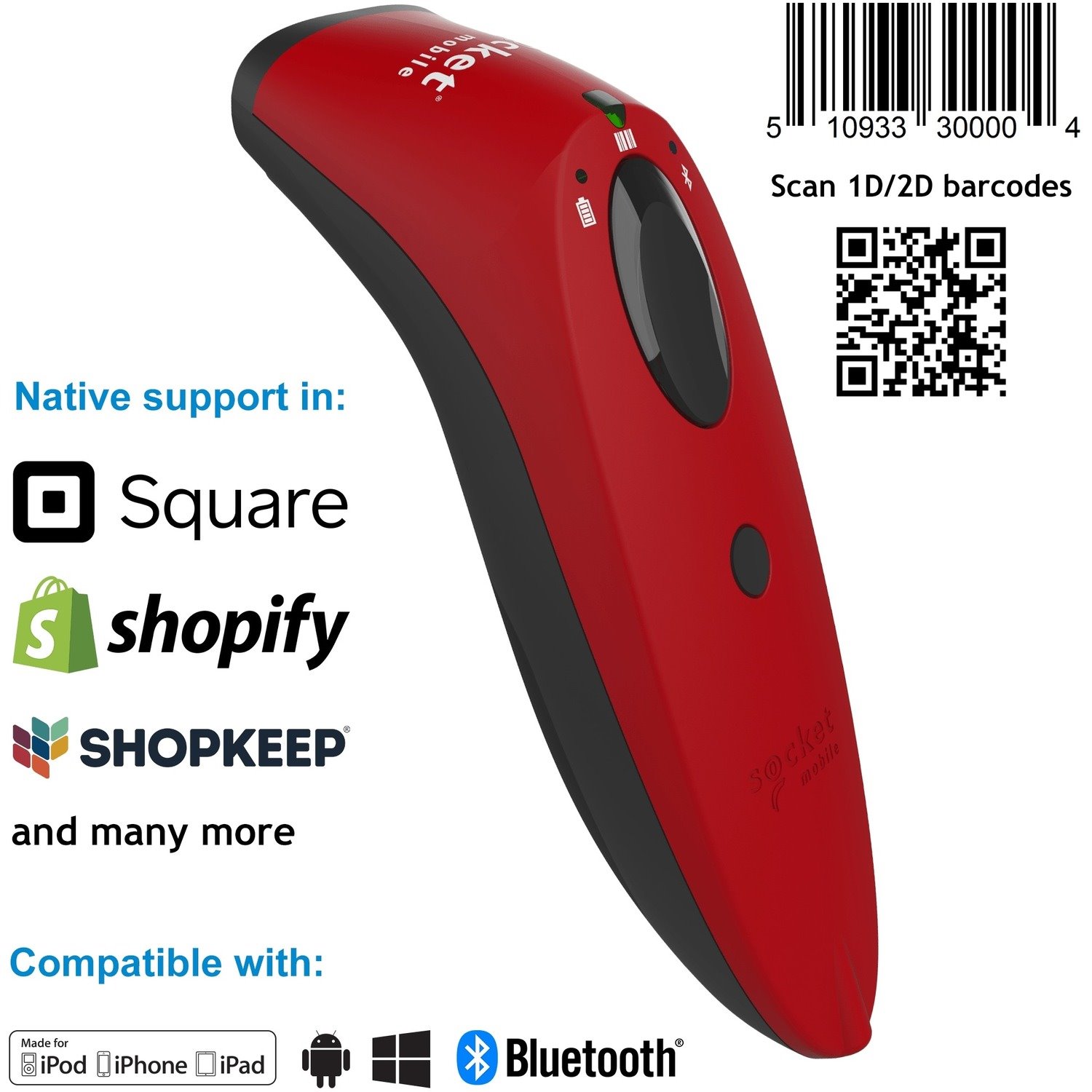 Socket Mobile SocketScan S740 Handheld Barcode Scanner - Wireless Connectivity - Red