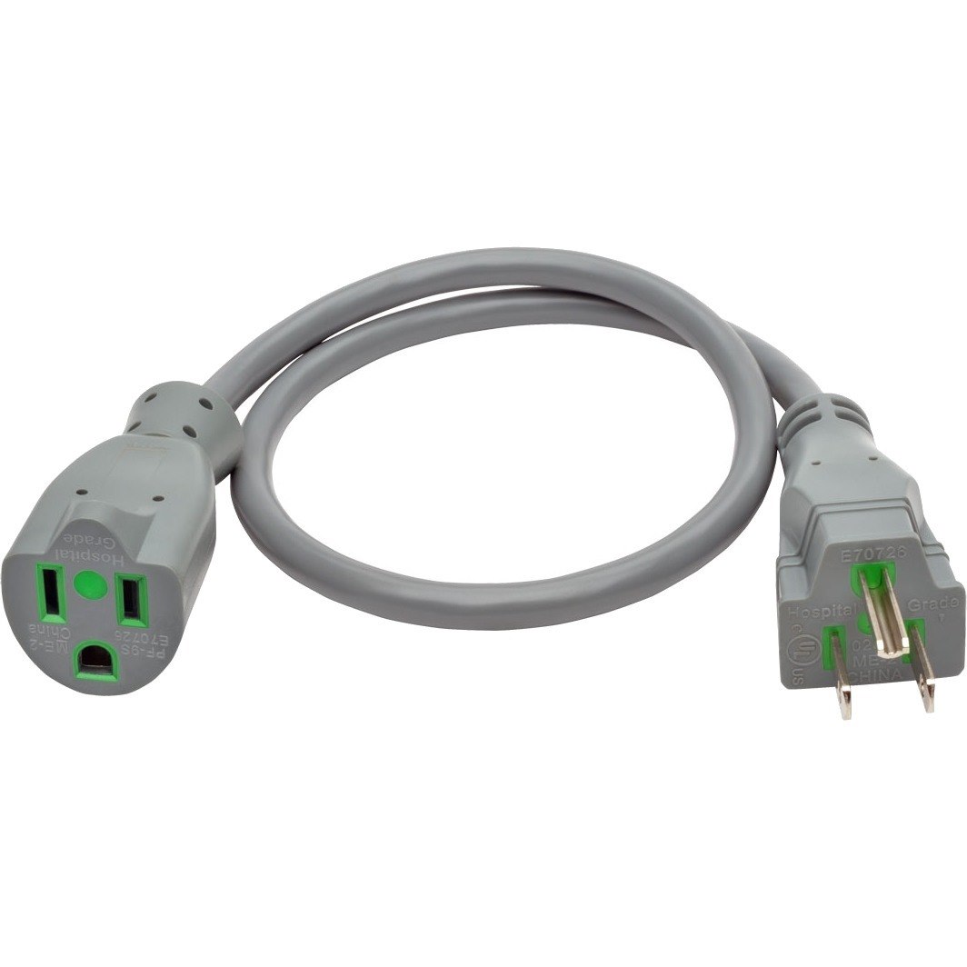 Eaton Tripp Lite Series Hospital-Grade Extension Cord, NEMA 5-15P to NEMA 5-15R - Green Dot, 13A, 125V, 16 AWG, 2 ft. (0.61 m), Gray
