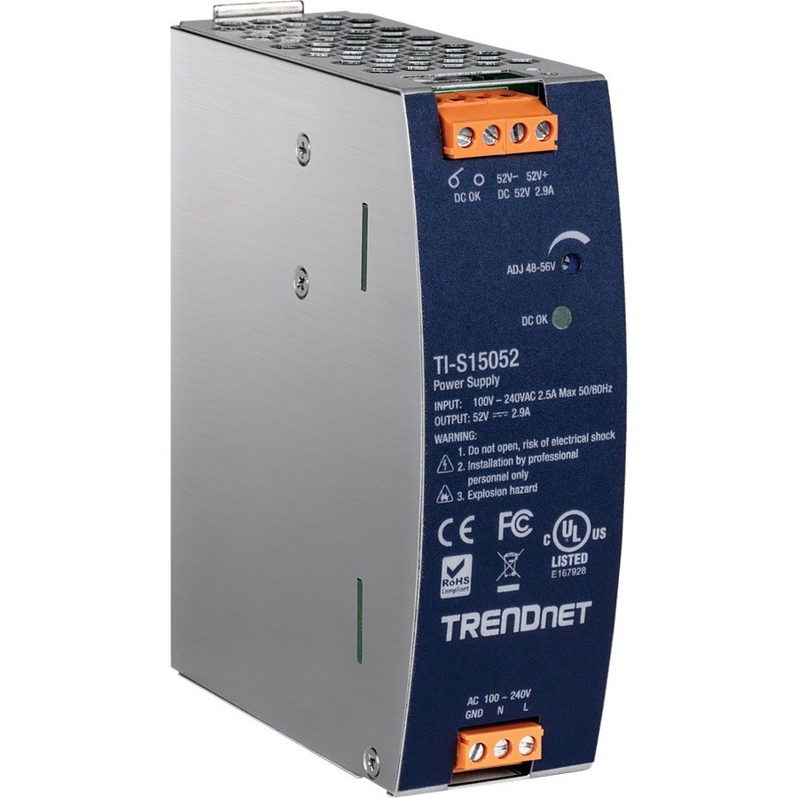 TRENDnet 150W, 52V DC, 2.89A AC to DC DIN-Rail Power Supply, TI-S15052, Industrial Power Supply with Built-In Power Factor Controller Function, Silver