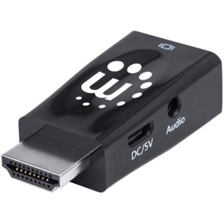 Manhattan HDMI to VGA (with Audio) Converter, 1080p, Male to Female, Micro-USB Power Input Port for additional power if needed, Black, Three Year Warranty, Polybag