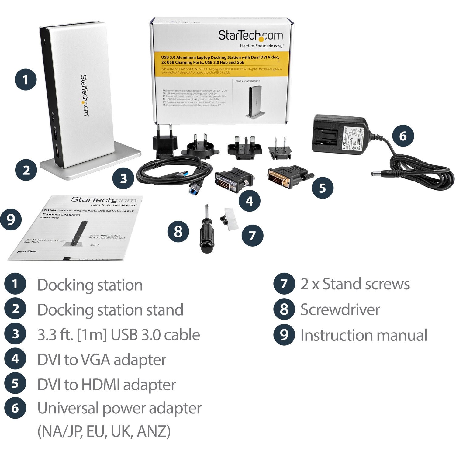 StarTech.com USB 3.0 Docking Station - Compatible with Windows / macOS - Dual DVI Docking Station Supports Dual Monitors - DVI to HDMI and DVI to VGA Adapters Included - USB3SDOCKDD