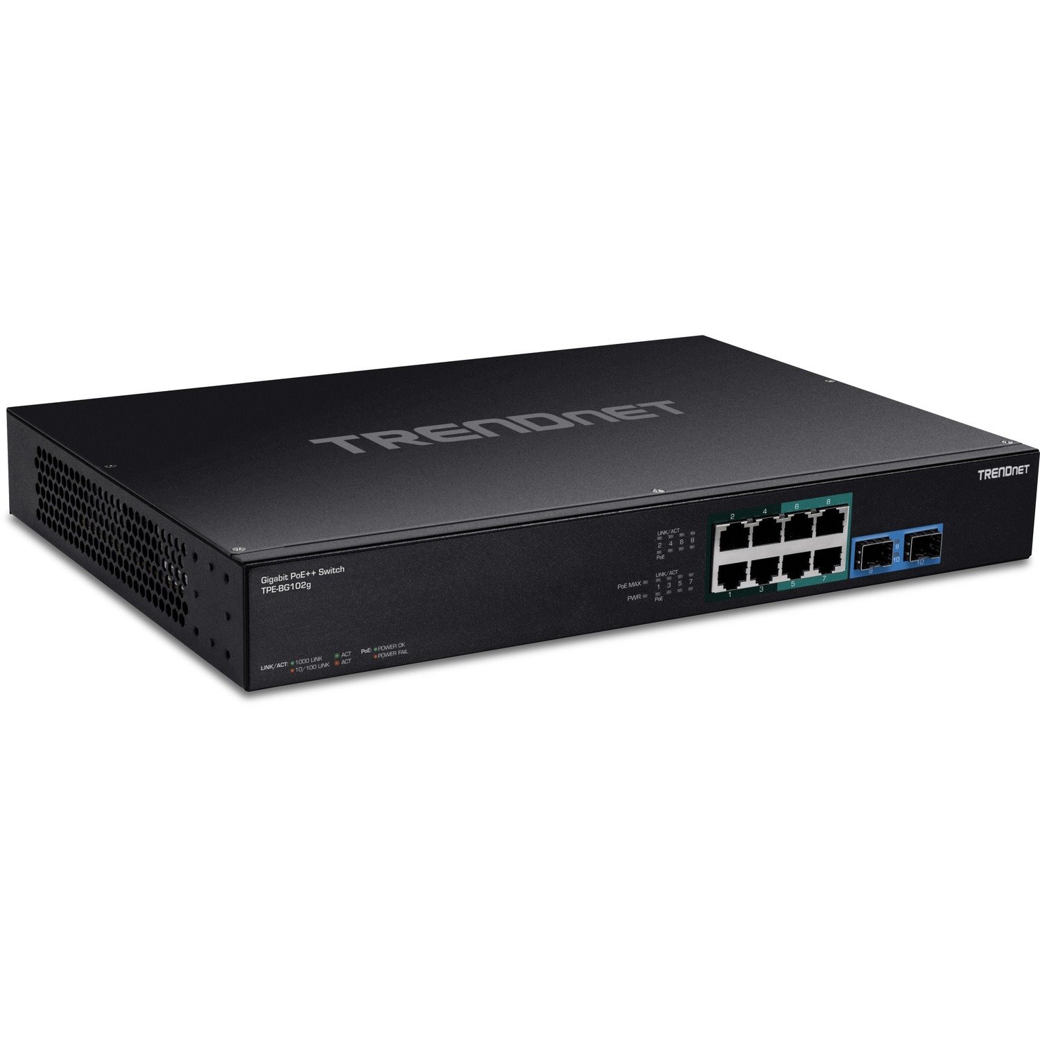 TRENDnet TPE-BG102g- 10-Port Gigabit 240W PoE++ Switch with 4 x 95W PoE++ Ports- 4 x 30W PoE+ Ports- 2 Gigabit SFP Slots, 240W PoE Budget- 1U 19" Rack Mountable