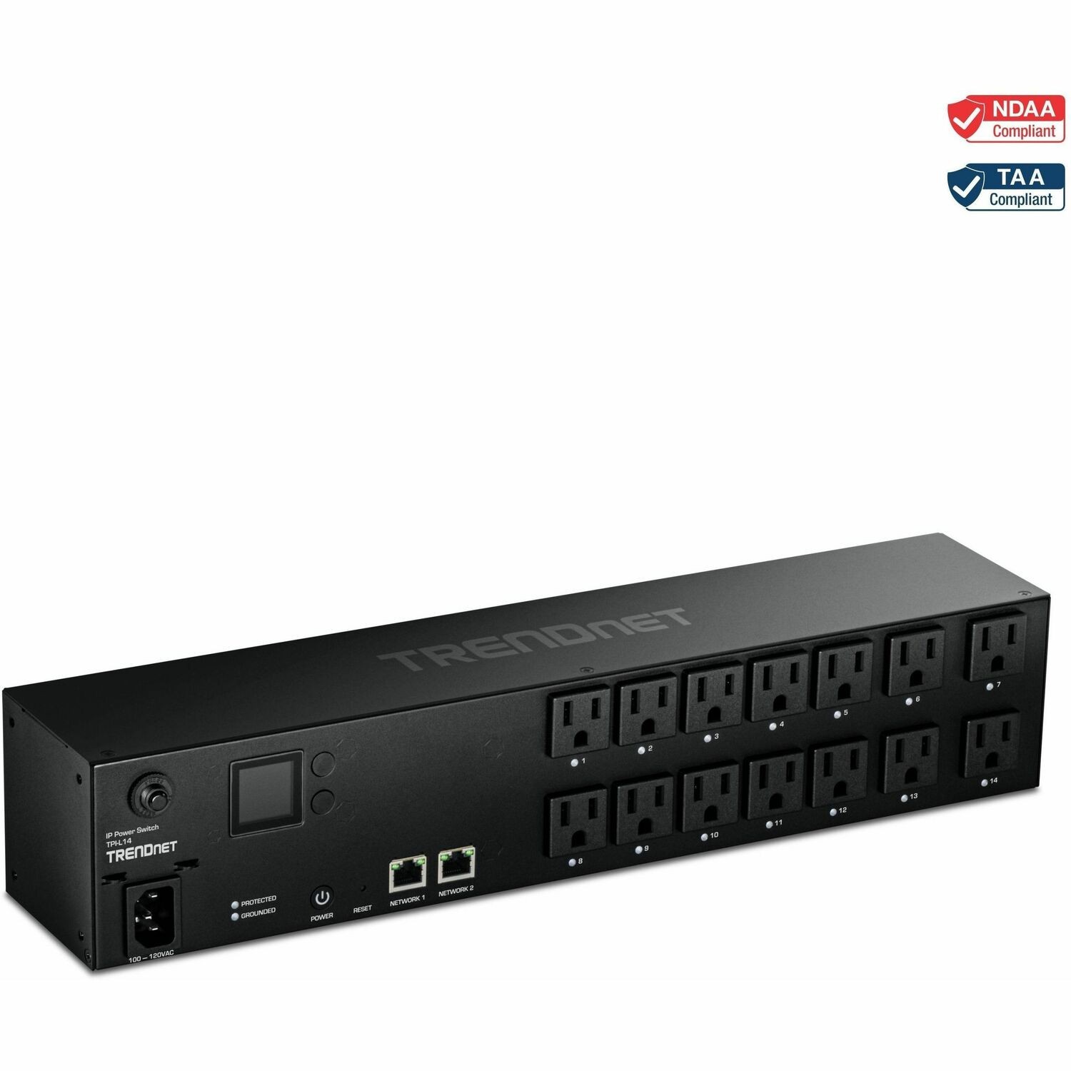 TRENDnet 14-Outlet Managed 2U Rackmount Switched Power Distribution Unit, TPI-L14, 14 x NEMA 5-15R Managed Power Outlets, 2 x Gigabit Ports, Remote Cloud Management PDU, NDAA & TAA Compliant