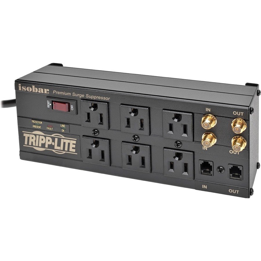 Eaton Tripp Lite Series Isobar 6-Outlet Surge Protector, 6 ft. Cord with Right-Angle Plug, 3330 Joules, Diagnostic LEDs, Tel/Coax/Modem, Metal