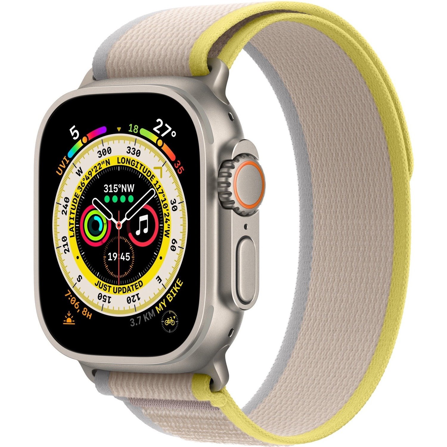 Apple Watch Ultra Smart Watch - 49 mm Case Height - 44 mm Case Width - Titanium Case Color - Yellow, Beige Band Color - Titanium Case Material - Nylon Band Material - Wireless LAN - LTE, UMTS