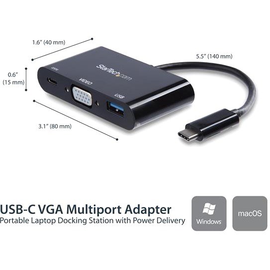 StarTech.com USB-C VGA Multiport Adapter - USB-A Port - with Power Delivery (USB PD) - USB C Adapter Converter - USB C Dongle