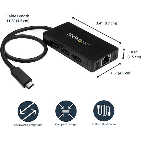 StarTech.com USB-C to Ethernet Adapter? Gigabit? 3 Port USB C to USB Hub and Power Adapter? Thunderbolt 3 Compatible