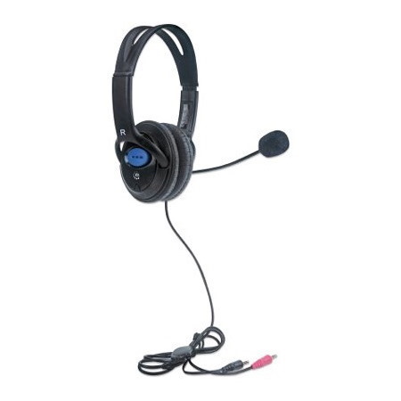 Stereo Headset, Lightweight, adjustable microphone, in-line volume control, padded cloth ear cushions, two 3.5mm jack input plugs, cable 2m, Black, 3 year warranty