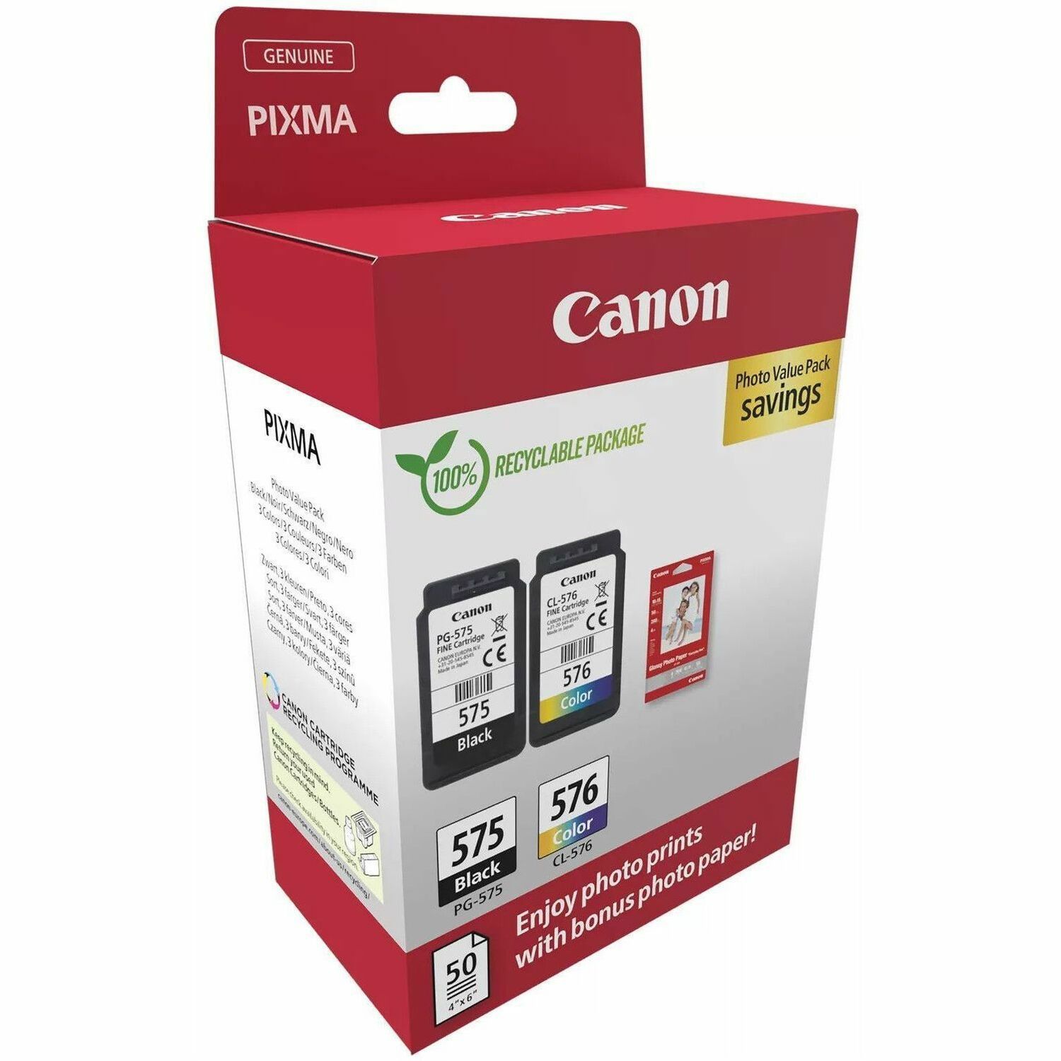Canon PG-575/CL-576 Original Inkjet Ink Cartridge/Paper Kit - Value Pack - Black, Cyan, Magenta, Yellow - 2 Piece