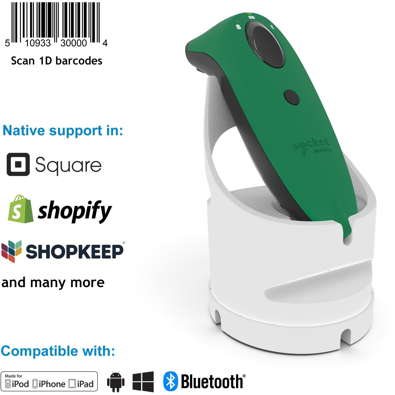 Socket Mobile SocketScan&reg; S700, Linear Barcode Scanner, Green & White Charging Dock