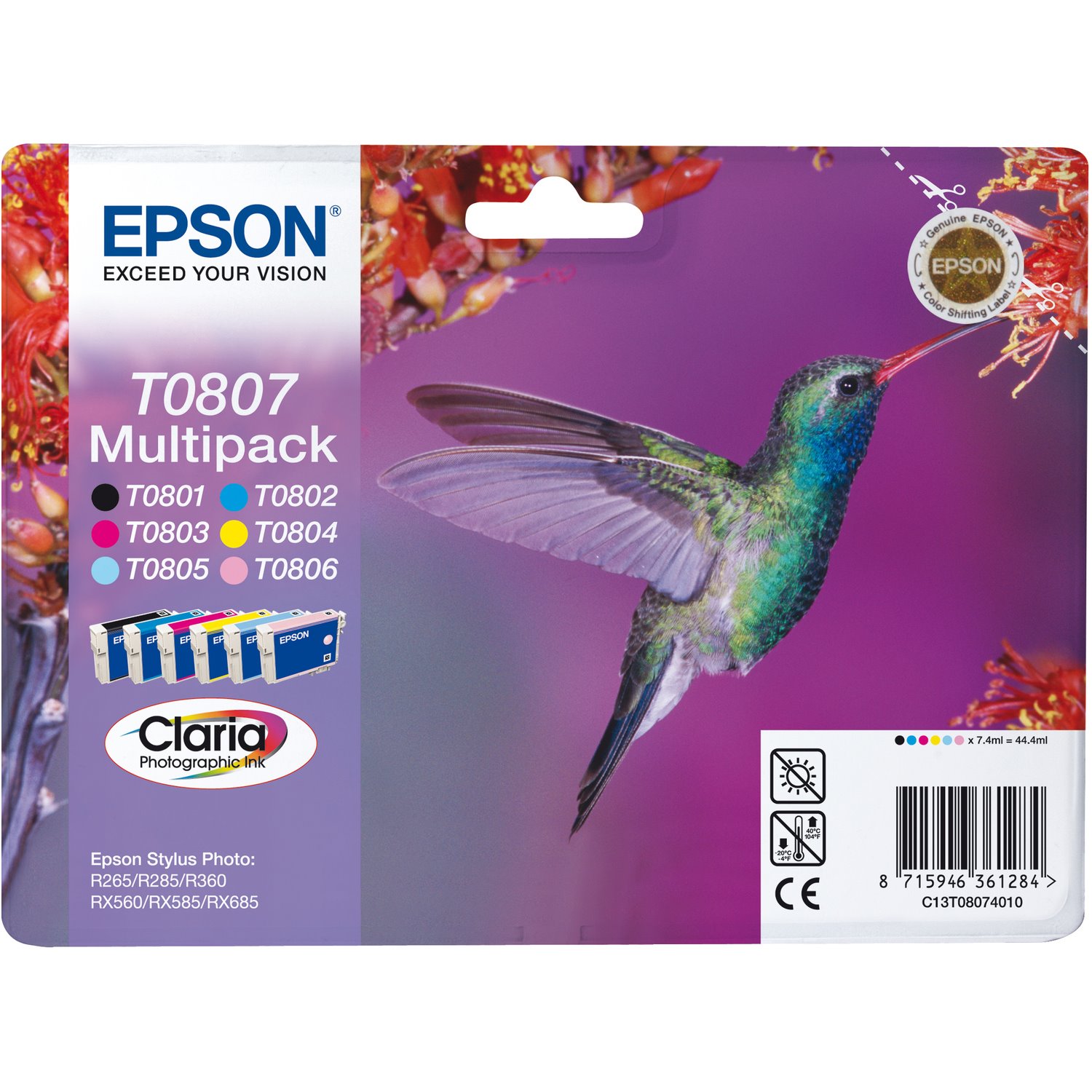 Epson Claria T0807 Original Inkjet Ink Cartridge - Cyan, Magenta, Yellow - 6 / Pack