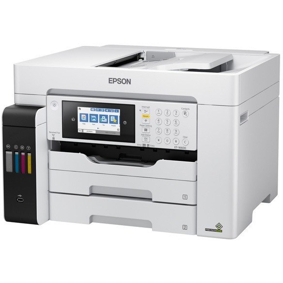 Epson ET-16600 Inkjet Multifunction Printer-Color-Copier/Fax/Scanner-4800x1200 dpi Print-Automatic Duplex Print-66000 Pages-550 sheets Input-1200 dpi Optical Scan-Color Fax-Wireless LAN-Epson Connect-Epson Email Print-Epson iPrint-Mopria