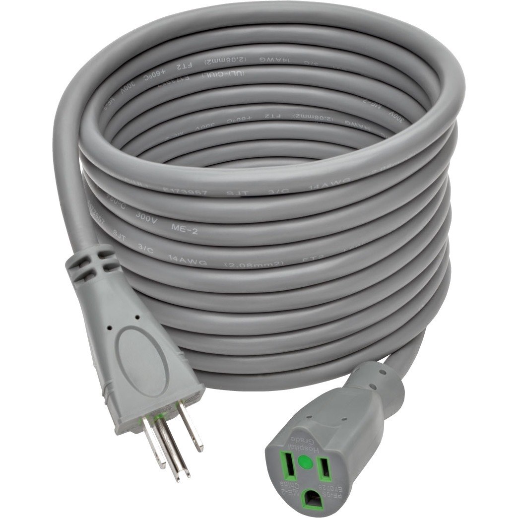 Eaton Tripp Lite Series Hospital-Grade Extension Cord, NEMA 5-15P to NEMA 5-15R - Green Dot, 15A, 125V, 14 AWG, 15 ft. (4.57 m), Gray