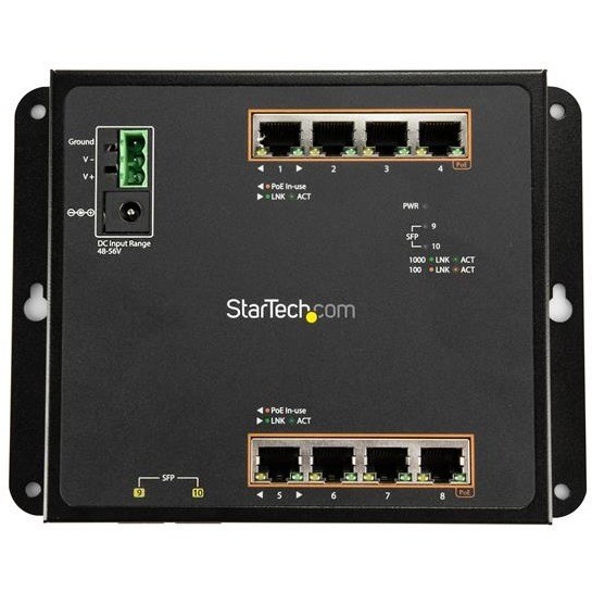 StarTech.com Industrial 8 Port Gigabit PoE+ Switch w/2 SFP MSA Slots 30W Layer/L2 Switch Managed Ethernet Network Switch IP-30/-40C to 75C