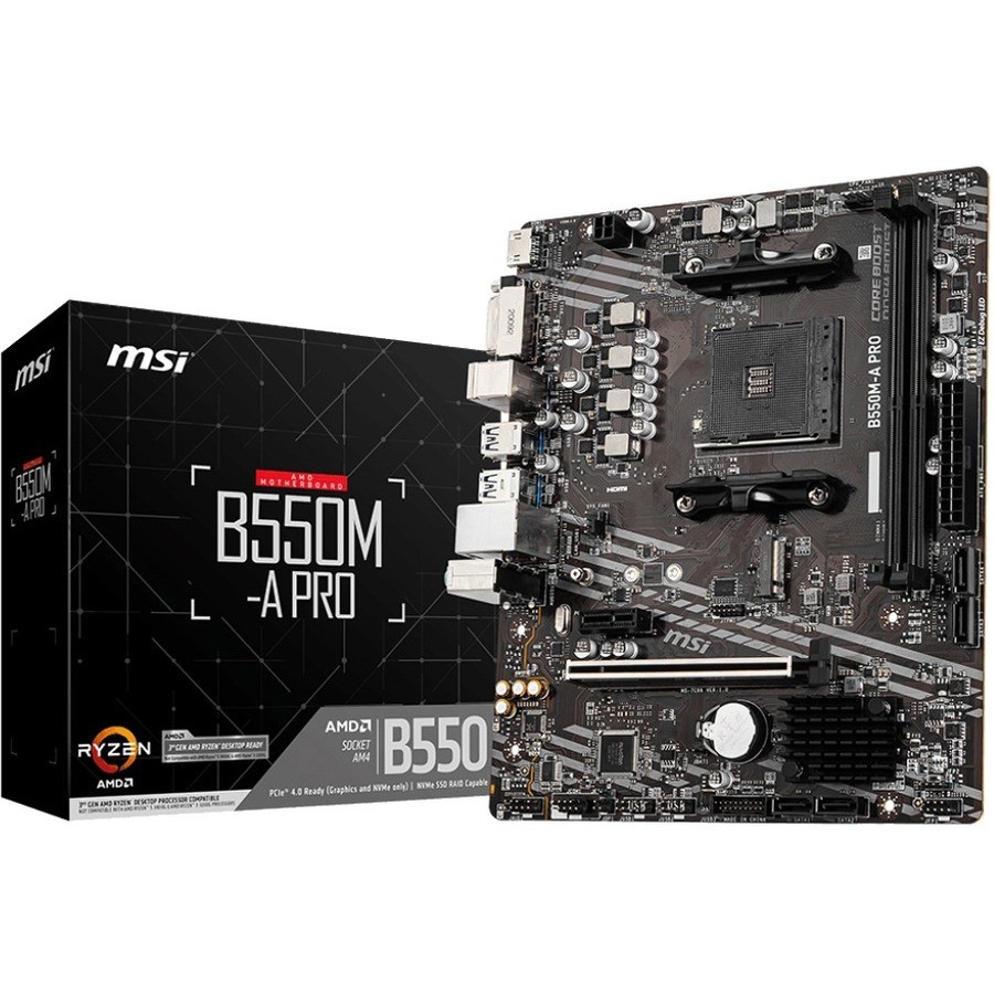 MSI B550M-A PRO Motherboard AMD Ryzen AM4, 2xDDR4, support up to 64GB, 1xPCIe 4.0/3.0 x16 slot, 2xSATA 6Gb, 6xUSB3.0, 6xUSB2.0, DVI-D, HDMI