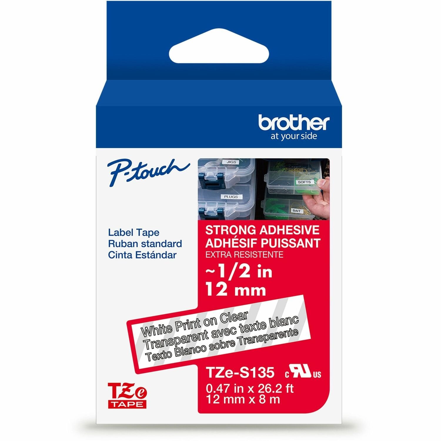 Brother Genuine P-touch TZeS135 WHT on CLR Label Tape, Strong Adhesive Lam., 12mmX8m