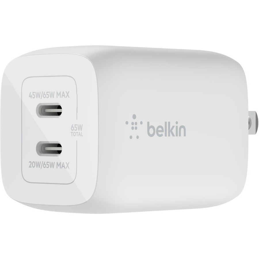 Belkin BoostCharge Pro Dual USB-C GaN Wall Charger with PPS 65W Laptop Chromebook Charging - Power Adapter