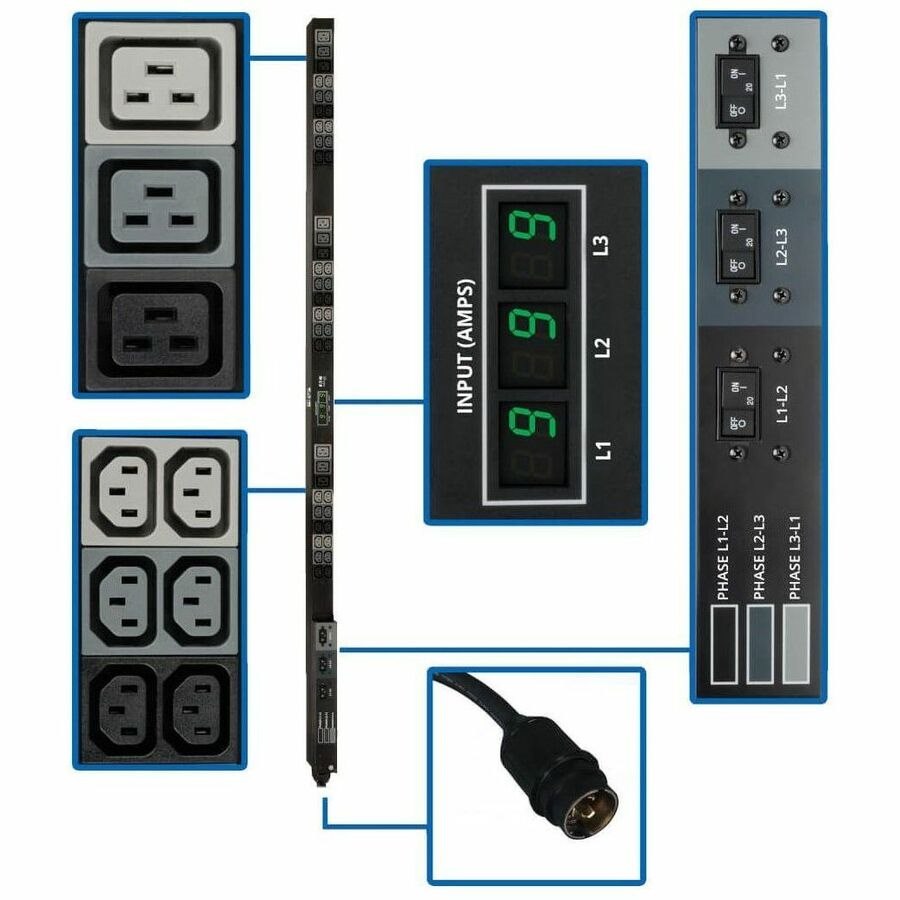 Eaton Tripp Lite Series 12.6kW 3-Phase Local Metered PDU, 208V Outlets (36 C13 & 9 C19) Hubbell 50A CS8365C, 6 ft. (1.83 m) Cord, 0U Vertical, TAA