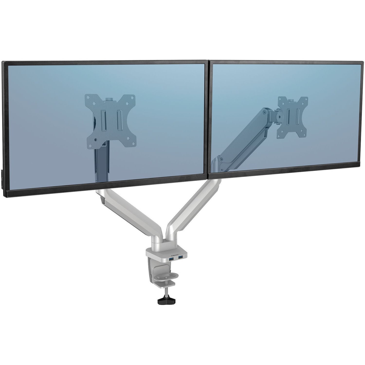 Fellowes Platinum Series High Quality Dual Monitor Arm for 40-Inch Monitors, Full Motion, 360&deg; Rotation, VESA Mount with Grommet or Clamp, USB Ports, Ergonomic, Silver