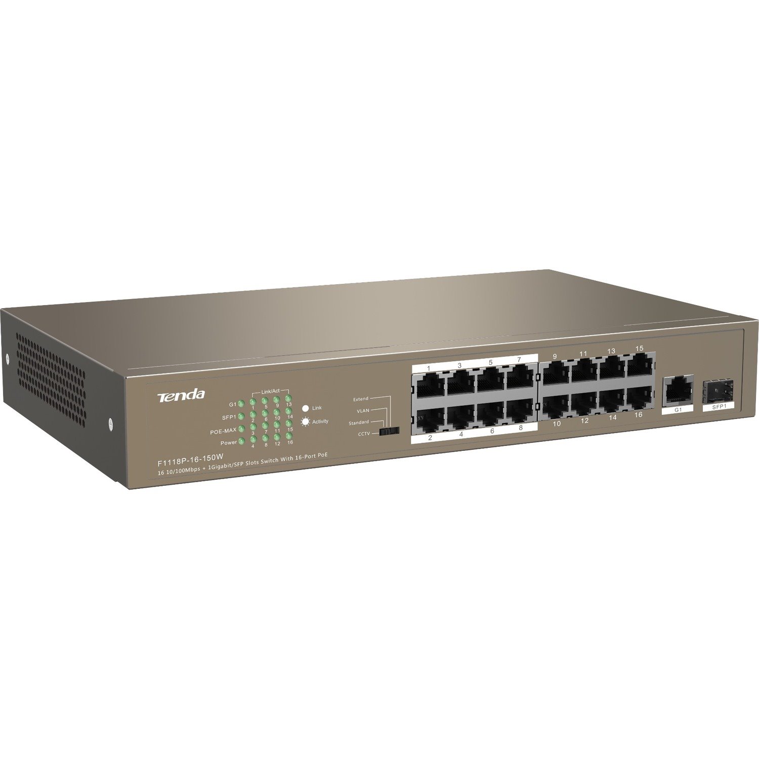 Tenda 16FE+2GE/1SFP Desktop Switch With 16-Port PoE