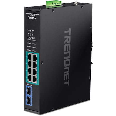 TRENDnet 10-Port Industrial Gigabit PoE+ Switch, WideTemperature Range -20° - 65°C (-4° - 149°F), DIN Rail Switch, 50-55V DC, 8 x Gigabit PoE+ Ports, 2 x Gigabit SFP Slots, TI-PGM102, Black