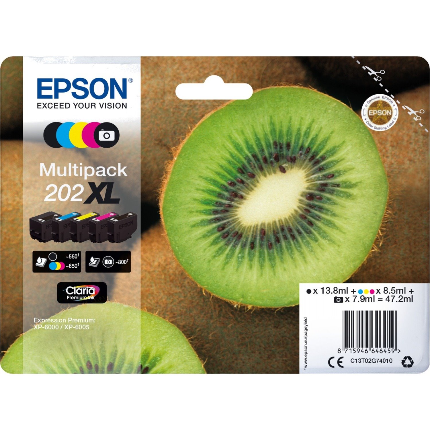 Epson Claria Premium 202XL Original High Yield Inkjet Ink Cartridge - Multi-pack - Black, Photo Black, Cyan, Magenta, Yellow - 5 Pack