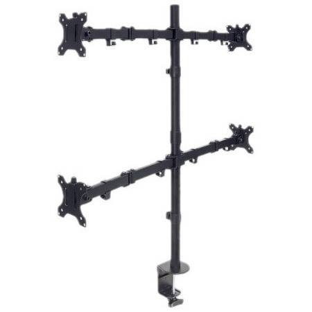 Manhattan TV & Monitor Mount, Desk, Double-Link Arms, 4 screens, Screen Sizes: 10-27" , Black, Stand or Clamp Assembly, Quad Screens, VESA 75x75 to 100x100mm, Max 8kg (each), Lifetime Warranty
