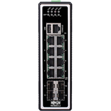 Eaton Tripp Lite Series 8-Port Managed Industrial Gigabit Ethernet Switch - Layer 2, 10/100/1000 Mbps, 4 GbE SFP Ports, -40° to 75°C, DIN Mount, TAA
