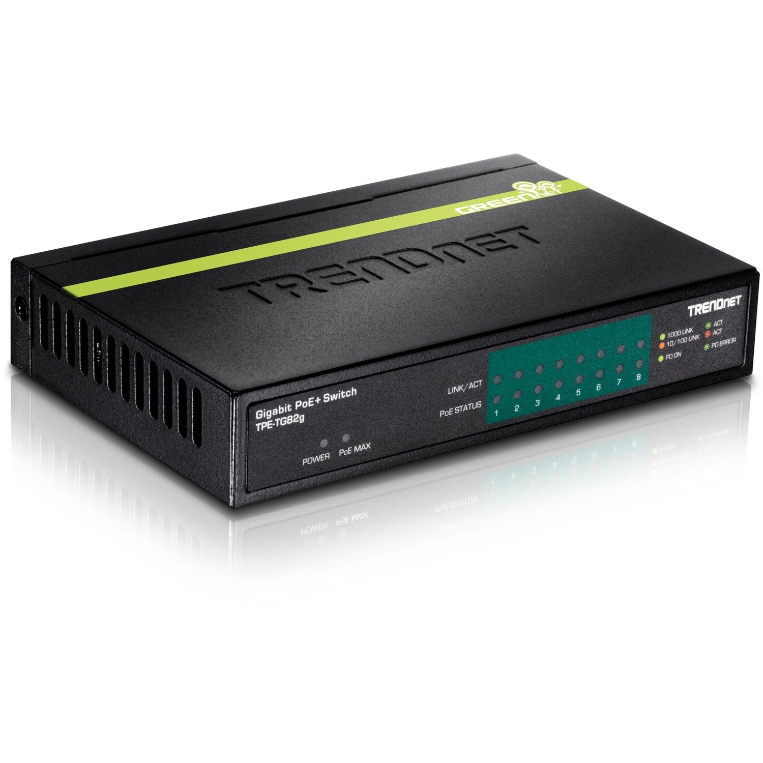 TRENDnet 8-Port GREENnet Gigabit PoE+ Switch, Supports PoE And PoE+ Devices, 61W PoE Budget, 16Gbps Switching Capacity, Data & Power Via Ethernet To PoE Access Points & IP Cameras, Black, TPE-TG82G