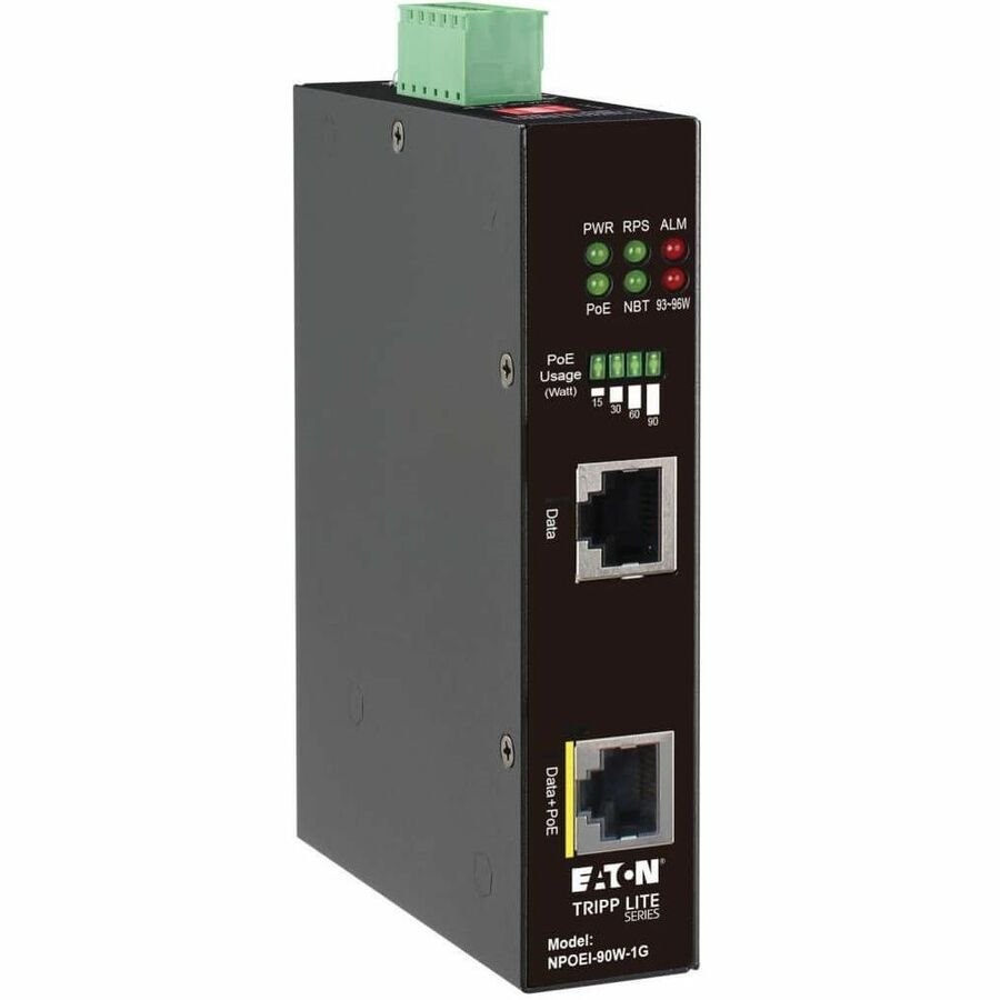 Eaton Tripp Lite Series Industrial Gigabit Ethernet PoE injector, 90W PoE++, 802.3bt, Midspan, -40? to +75?, IP30 housing, Dual 24-57VDC , DIN rail, 1 Port, TAA