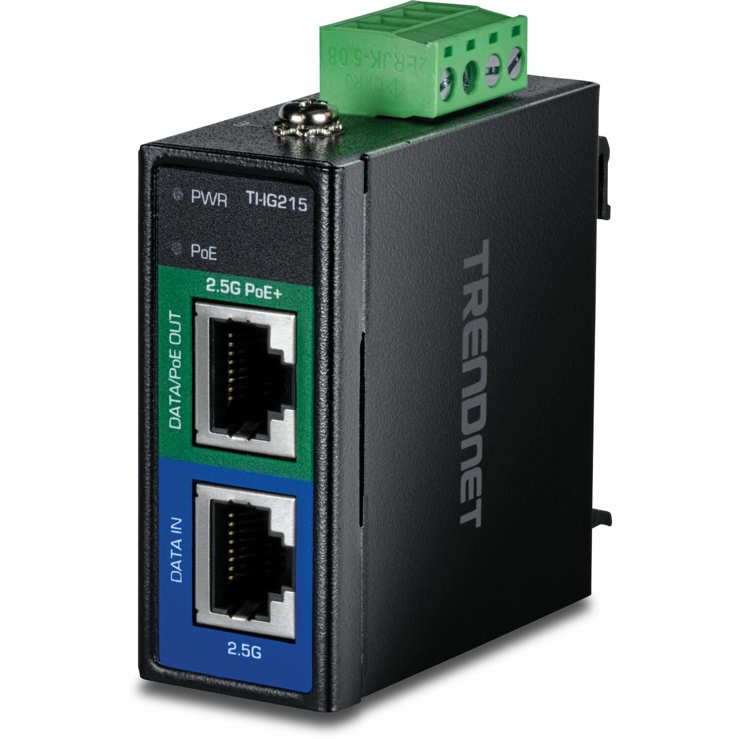 TRENDnet Industrial 2.5G PoE+ Injector, TI-IG215, 1 x 2.5 Gigabit PoE+ Port (Data + PoE Out), 1 x 2.5 Gigabit Port (Data in), Supports PoE (15.4W), PoE+ (30W), NDAA & TAA