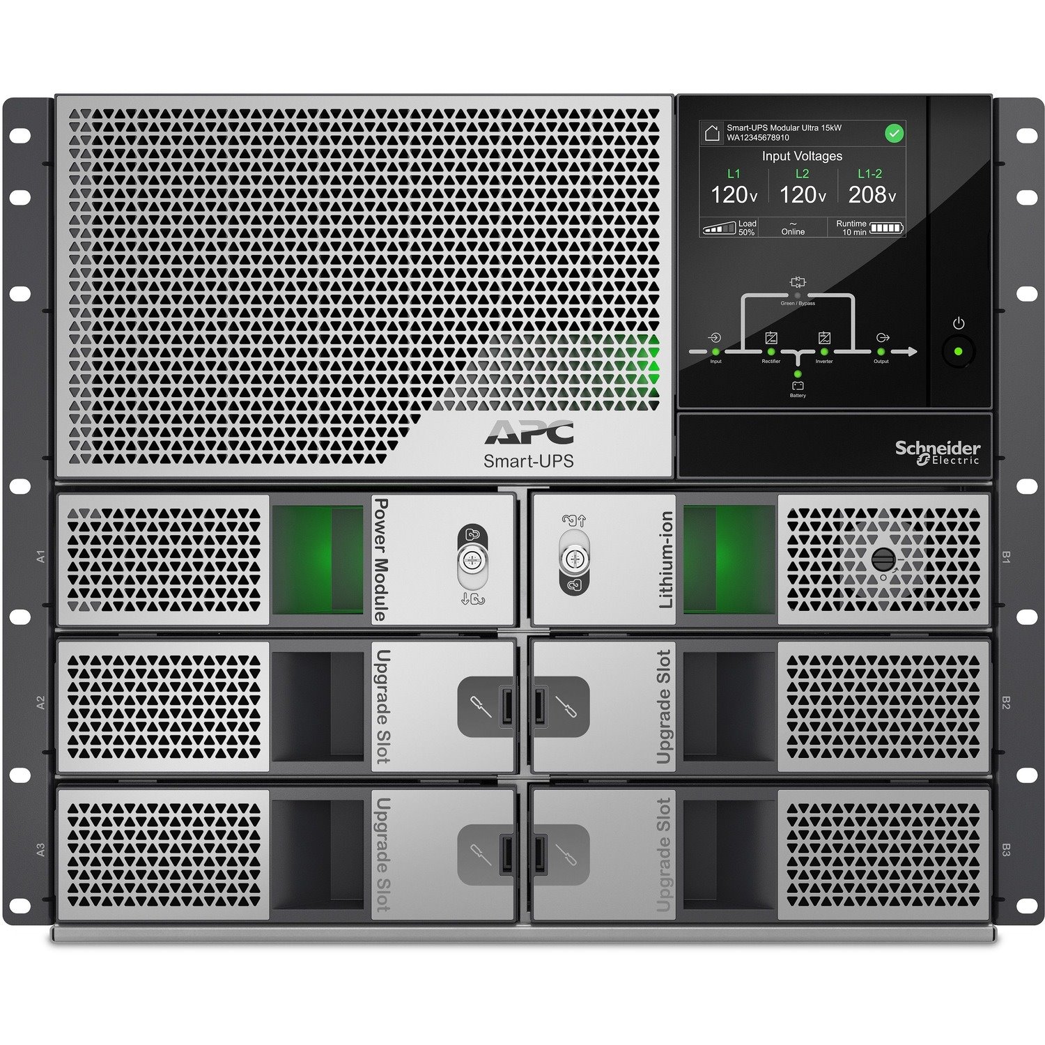 APC Smart-UPS Modular Ultra On-Line, 5kW scalable to 15kW, Lithium-ion, Rackmount 9U, 208/240V, Network Management, Extended runtime, W/rail kit