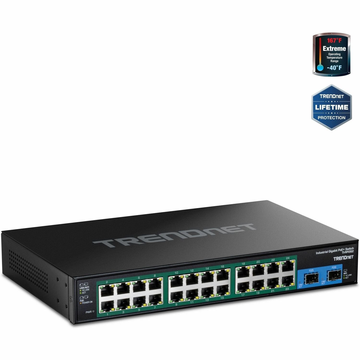 TRENDnet 26-Port Hardened Industrial Gigabit PoE+ Rackmount Switch, TI-RP262, 24 x Gigabit PoE+ Ports, 2 x Gigabit SFP Ports, Lifetime Protection, Black