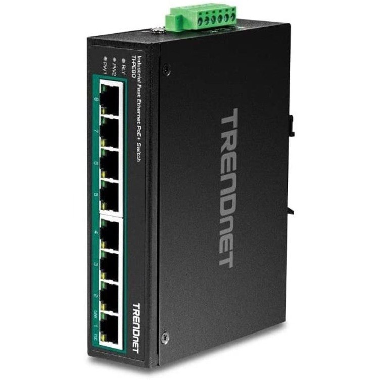 TRENDnet 8-Port Industrial Unmanaged Fast Ethernet PoE+ DIN-Rail Switch, TI-PE80, 8 x Fast Ethernet PoE+ Ports, 200W PoE Power Budget, IP50 Rated Housing, NDAA TAA Compliant, Lifetime Protection