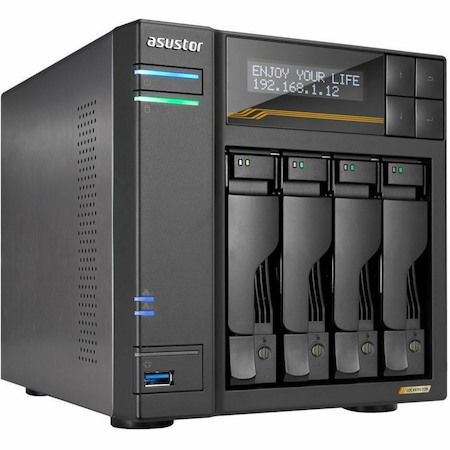 Asustor Lockerstor 4 Gen3 AS6804T, 4 Bay NAS, AMD Ryzen Quad-Core 2.3 GHz, 16GB RAM ECC DDR5, 4 M.2 NVMe Slots, Dual 5GbE and Dual 10GbE Port, USB 4.0 Type-C, Network Attached Storage (Diskless)