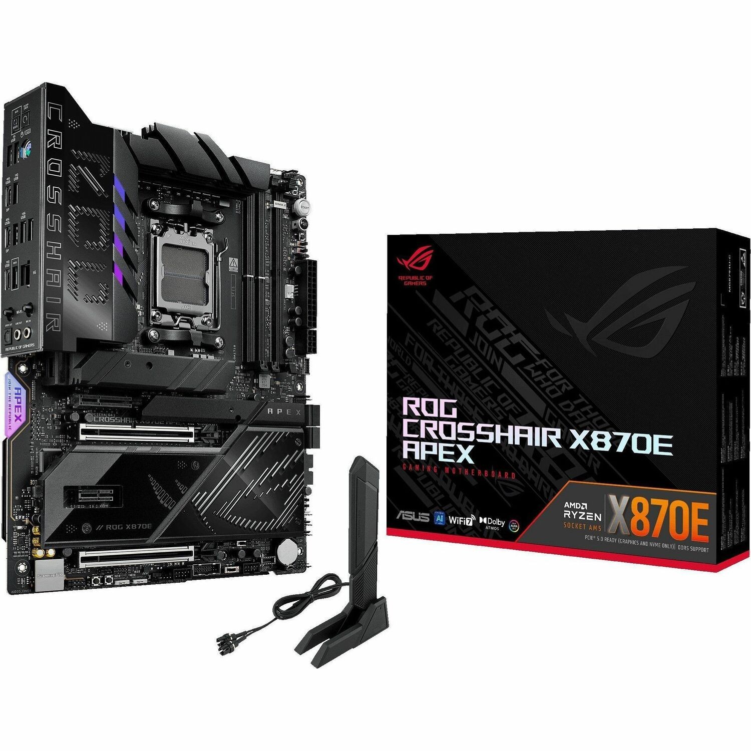ASUS AMD ROG CROSSHAIR X870E APEX (AM5) ATX Motherboard, DDR5, 18+2+2 Power Stages, AI Cache Boost, PCie 5,0 2x X16, 3x M.2, USB 4, Wi-Fi 7