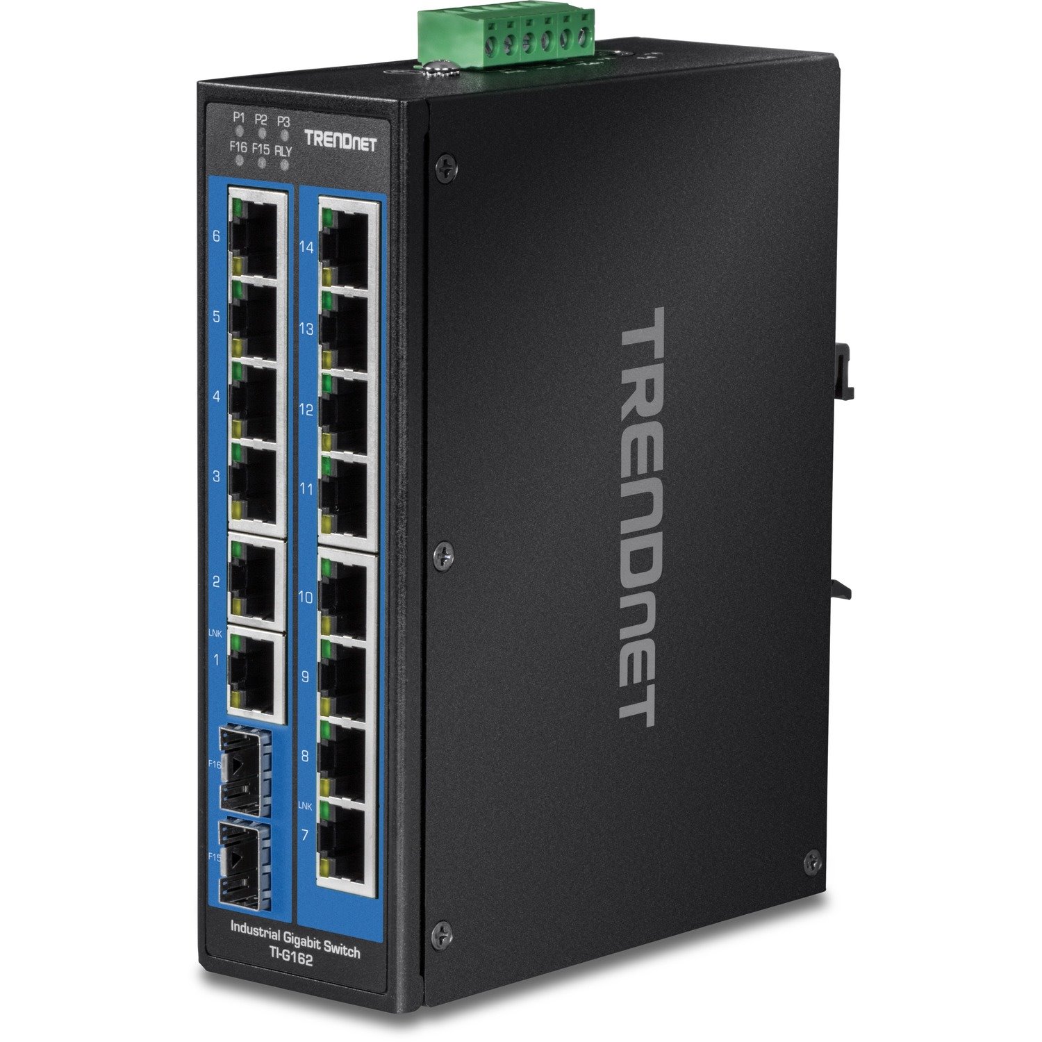 TRENDnet 16-Port Hardened Industrial Unmanaged Gigabit DIN-Rail Switch; TI-G162; 14 x Gigabit Ports; 2 x Gigabit SFP Slots;32Gbps Switching Capacity; IP30 Ethernet Network Switch; Lifetime Protection