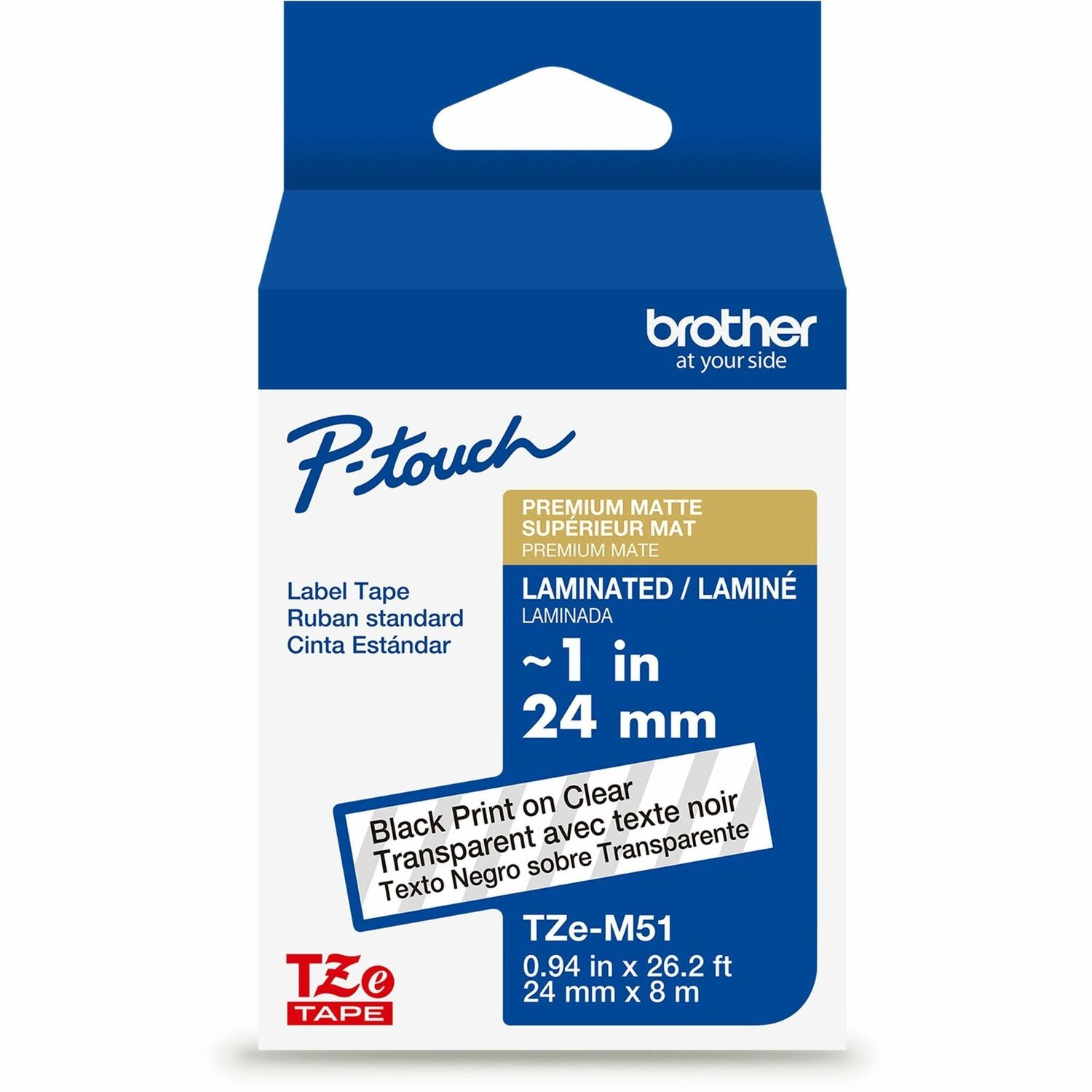 Brother Genuine P-touch TZeM51 BK on CLR Label Tape, Premium Matte Laminated, 24mmX8m