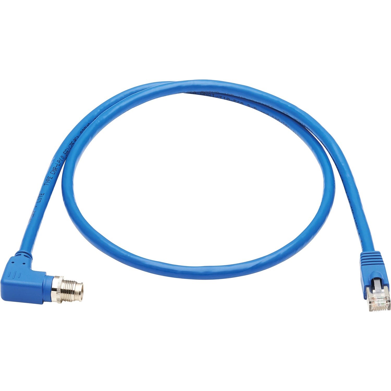 Eaton Tripp Lite Series M12 X-Code Cat6a 10G F/UTP CMR-LP Shielded Ethernet Cable (Right-Angle M12 M/RJ45 M), IP68, PoE, Blue, 2 m (6.6 ft.), TAA