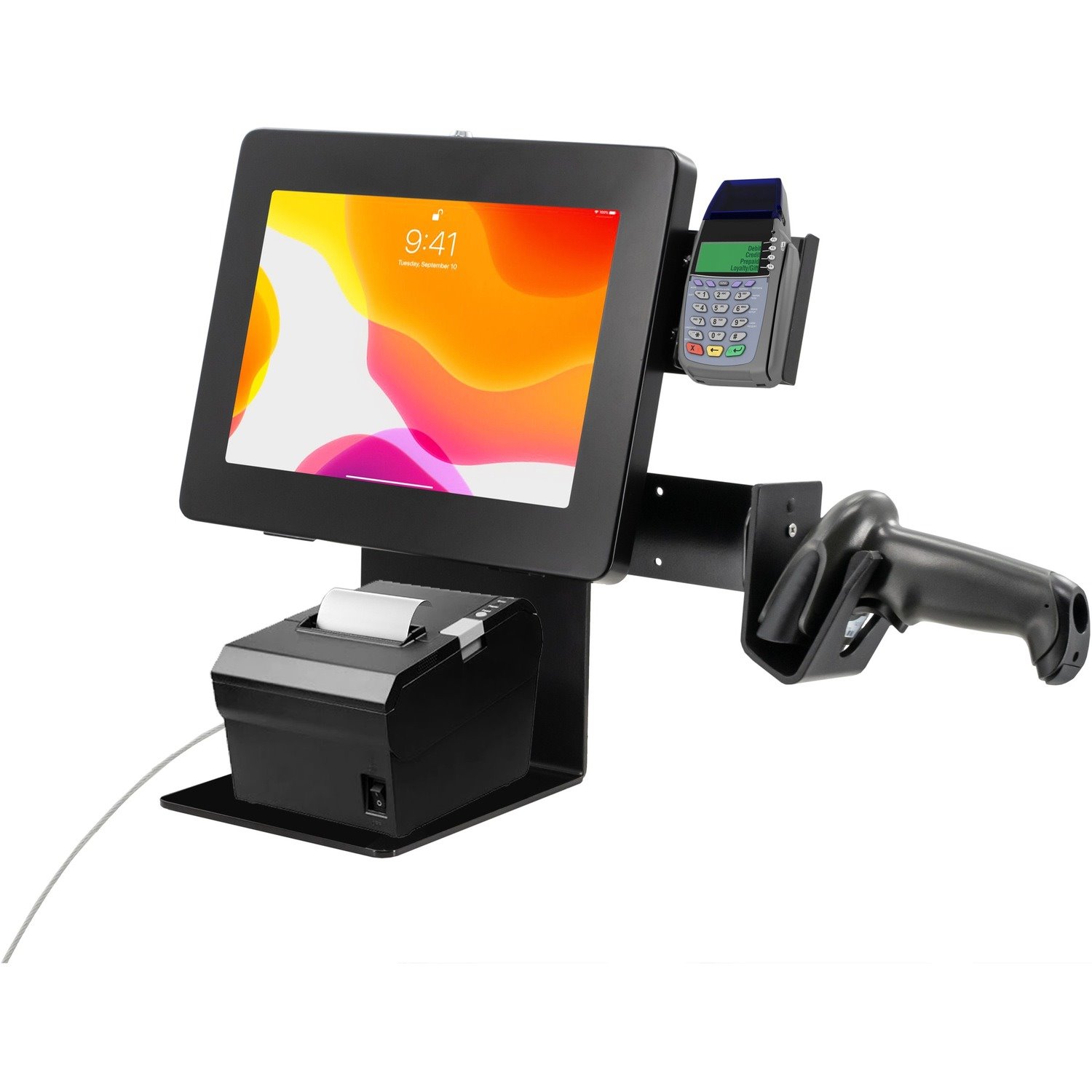 CTA Digital POS Station with Printer Stand, Magnetic Scanner, Card Reader Holder, and Black Universal Security Enclosure