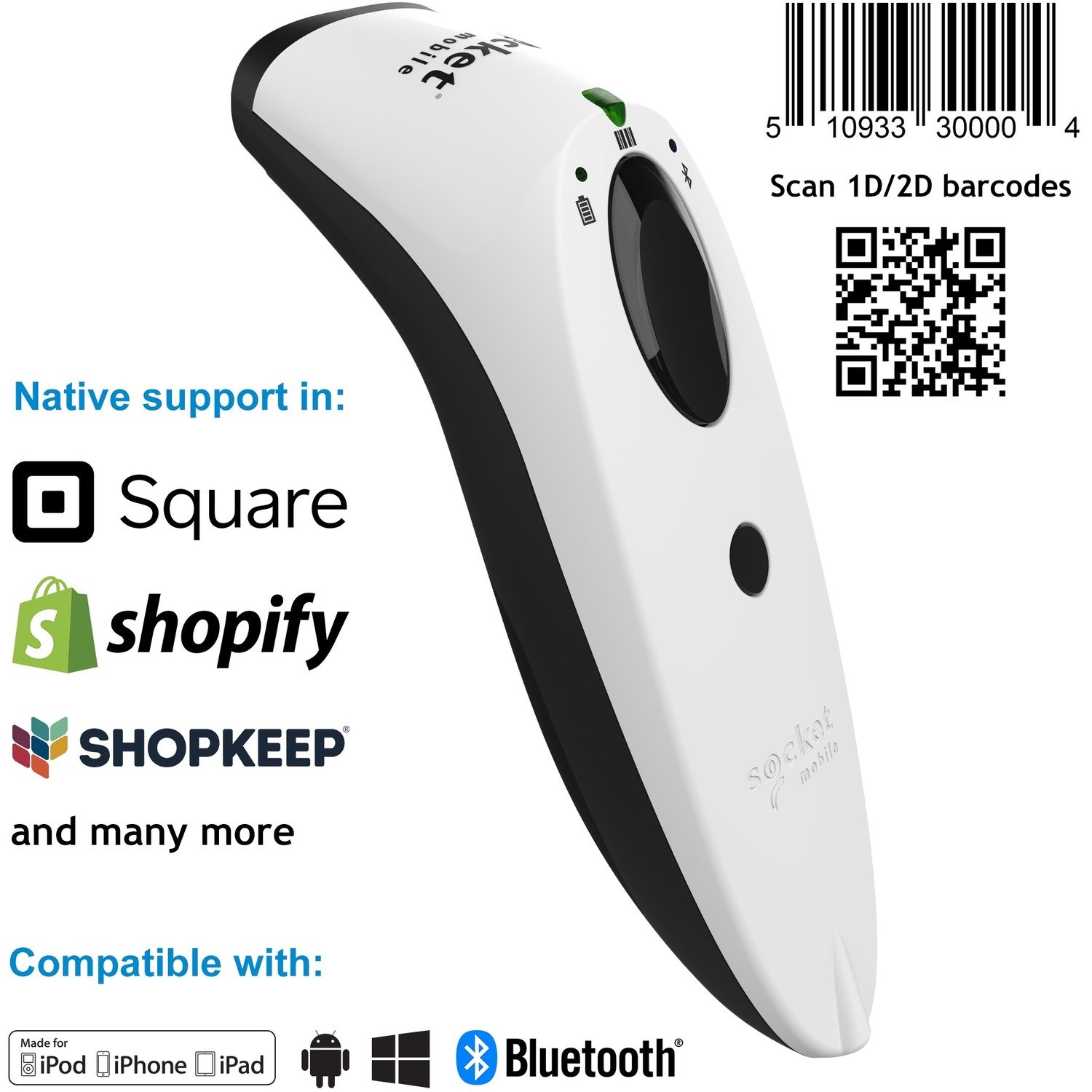 Socket Mobile SocketScan S740 Handheld Barcode Scanner - Wireless Connectivity - White