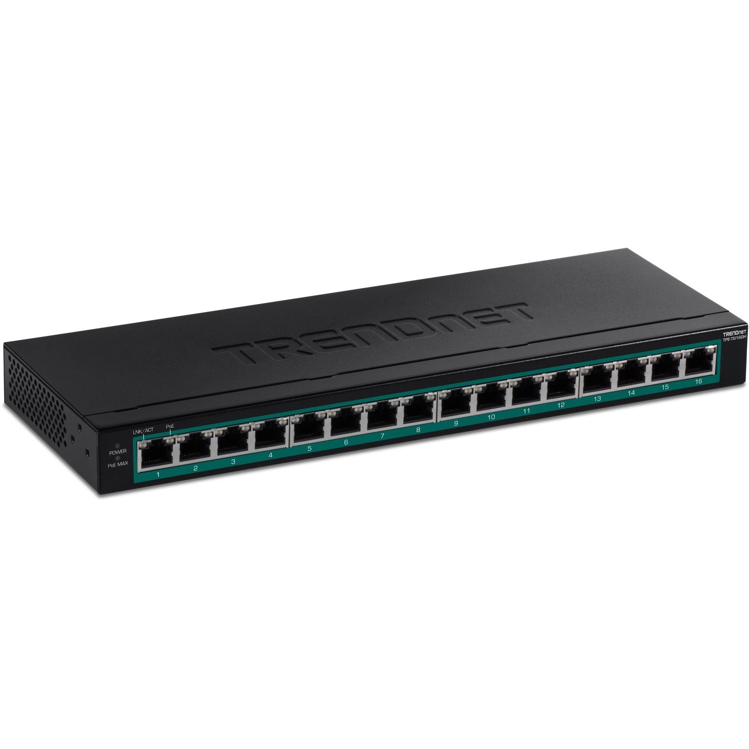 TRENDnet 16-Port Gigabit PoE+ Switch; TPE-TG160H; 123W PoE Power Budget; 32 Gbps Switching Capacity; Desktop Switch; Ethernet Network Switch; Metal; 1U 10" Rack Mountable; Lifetime Protection