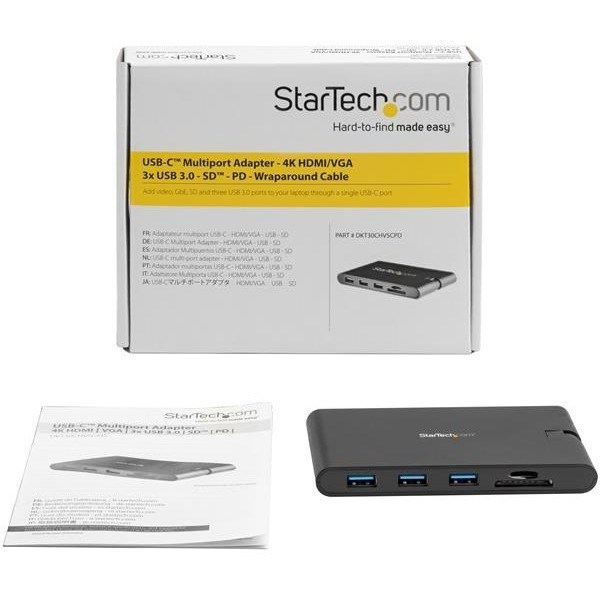 StarTech.com USB C Multiport Adapter - USB Type-C Mini Dock with HDMI 4K or VGA Video - 100W PD Passthrough, 3x USB 3.0, GbE, SD & MicroSD