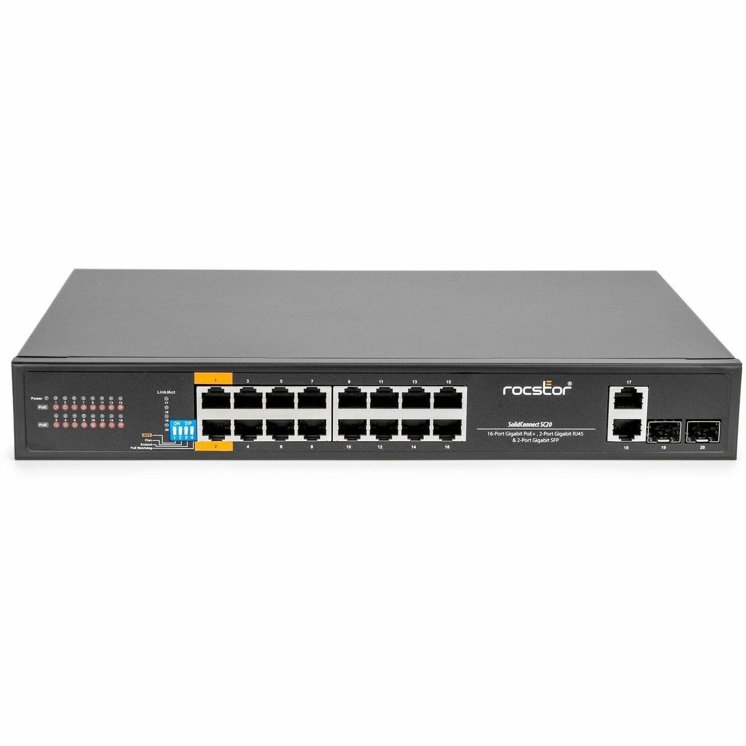 Rocstor SolidConnect SC20 20-Port Switch, 16-Port PoE+ Gigabit Unmanaged Ethernet Port, 2x Gigabit RJ45 & 2× SFP Uplink - 802.3af/at