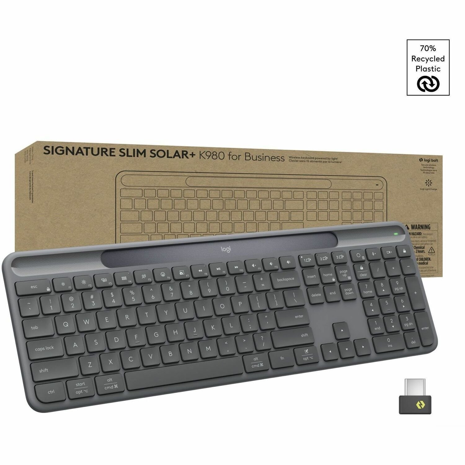 Logitech Signature Slim Solar+ K980 for Business, Wireless Keyboard, Quiet Typing, Secure Receiver, Bluetooth, Windows, Mac - Graphite