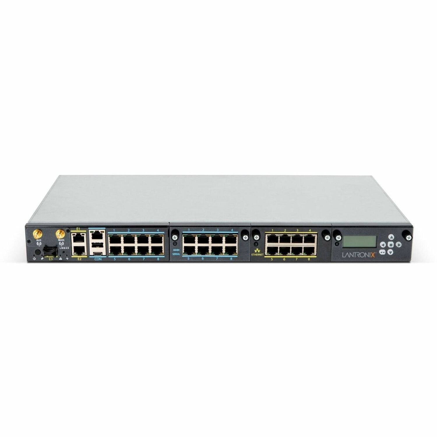 LM83X Console Server with 8 total serial ports, 8 Ethernet ports & LCD card, dual DC power