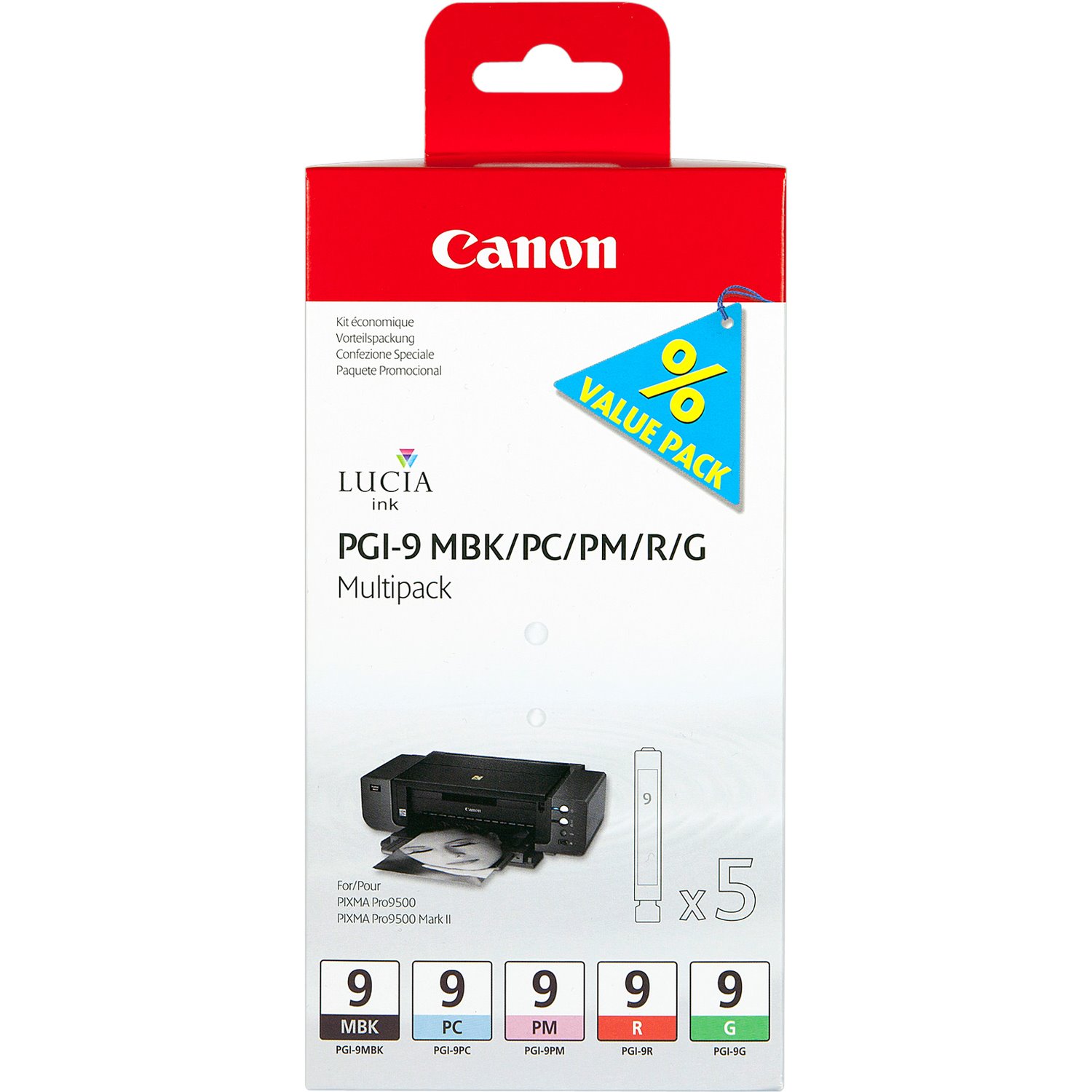 Canon LUCIA PGI-9 Original Inkjet Ink Cartridge - Matte Black, Photo Cyan, Photo Magenta, Red, Green - 5 / Box