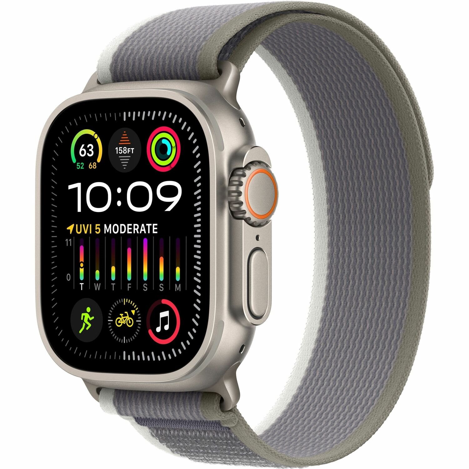 Apple Watch Ultra 2 Smart Watch - 49 mm Case Height - 44 mm Case Width - Titanium Case Color - Green, Grey Band Color - Glass Body Material - Titanium Case Material - Wireless LAN - LTE, UMTS