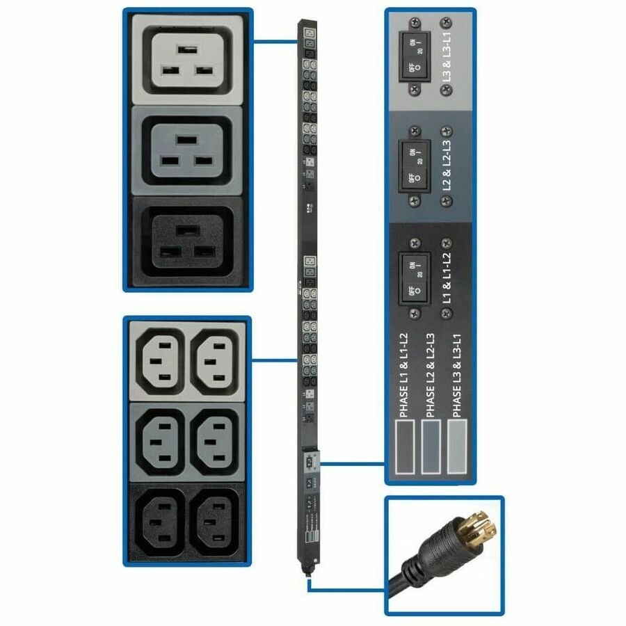 Eaton Tripp Lite Series 8.6kW 208/120V 3-Phase Basic PDU - 48 Outlets (36 C13, 6 C19, 6 5-15/20R), L21-30P Input, 6 ft. Cord, 70 in. 0U Rack